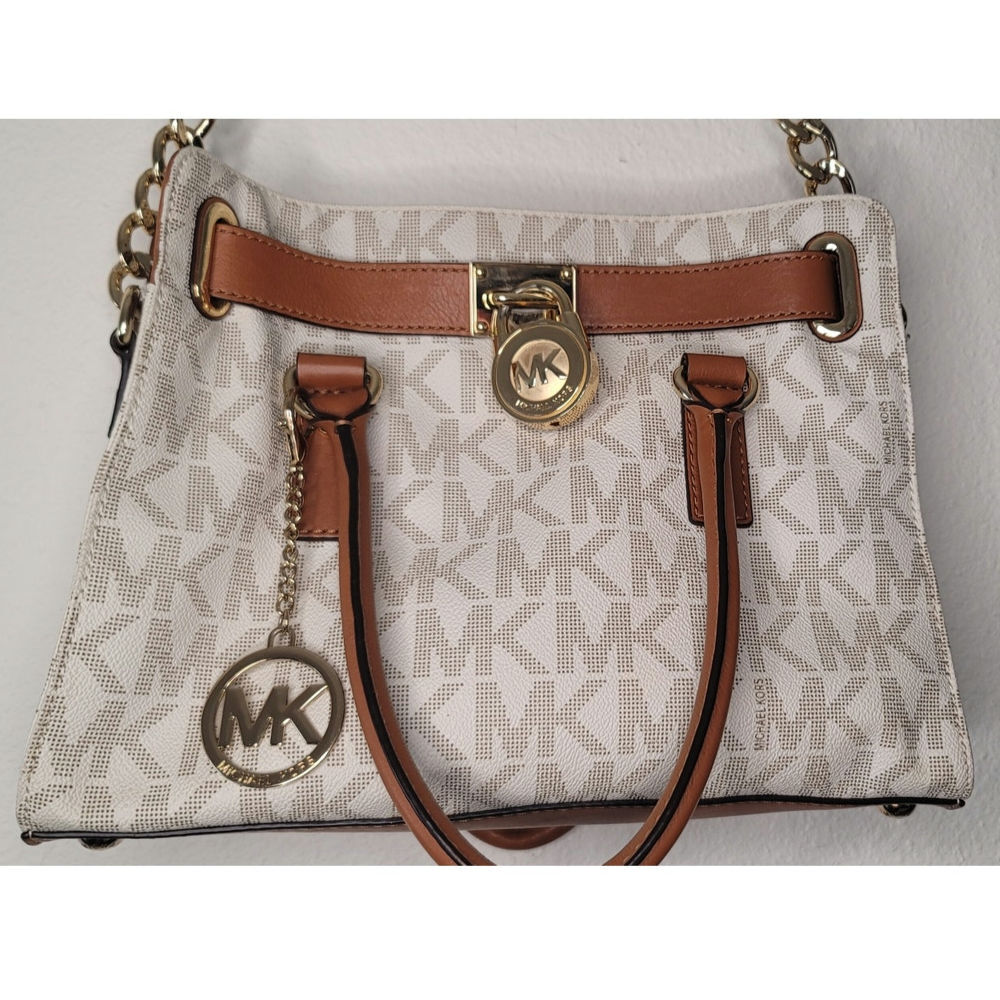 Michael Kors Hamilton Traveler Satchel Vanilla & Brown Saffiano Leather Gold HW